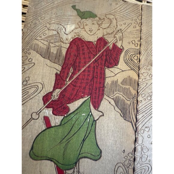 Antique 1910s Flemish Art Pyrography Hanky/Glove Box Girl Snow Skiing - Picture 6 of 14